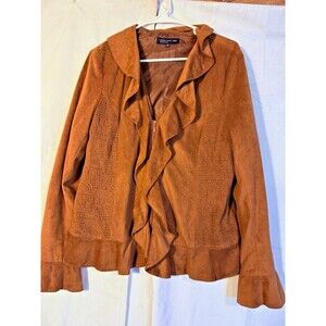 Vintage Brown Faux Leather Suede Zip Cardigan Sweater Ruffles Women's Large 14